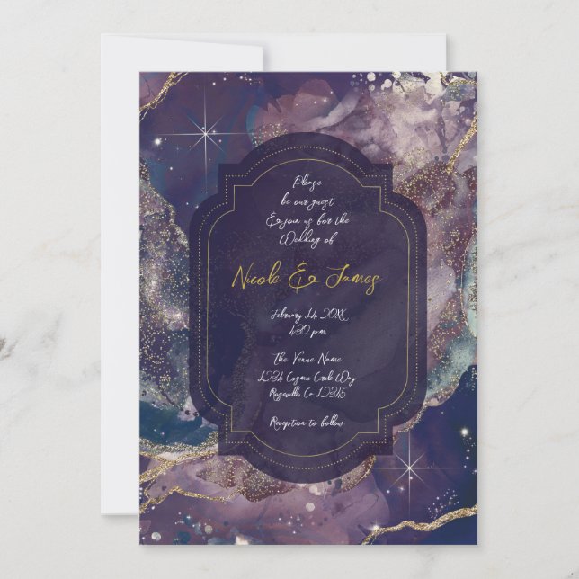 Berry Blue Watercolor Guld Celestial Bröllop Inbjudningar (Framsida)