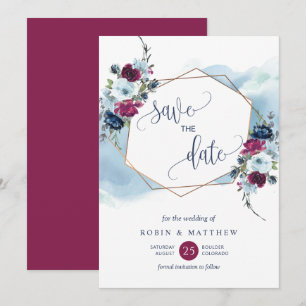 Berry, Burgundy och Blue Blommigt, Elegant bröllop Spara Datumet