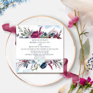 Berry Burgundy och Blue Blommigt Square Bröllop In Inbjudningar