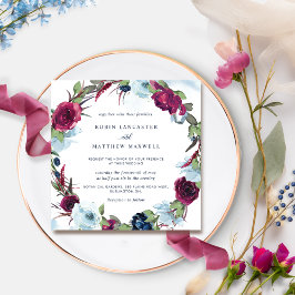 Berry Burgundy och Blue Blommigt Wandan Bröllop Inbjudningar