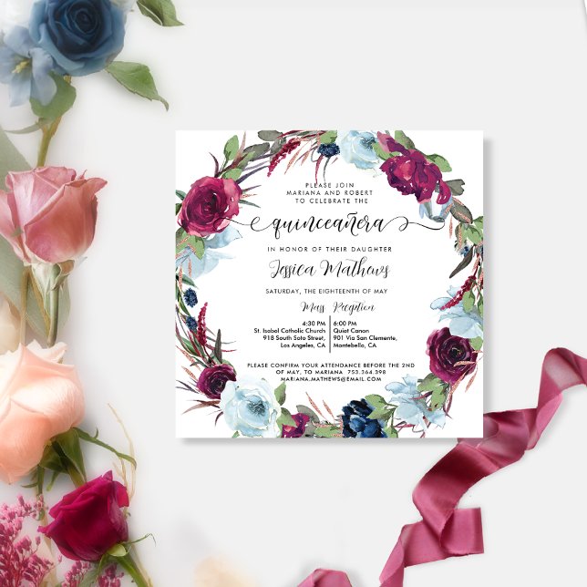 Berry, Burgundy, Red, Blue Wandeans Quinceañera Inbjudningar (Skapare uppladdad)