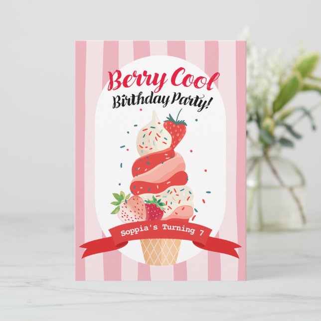 Berry Coola Strawberry Ice Cream Birthday Inbjudningar (Stående Fram)