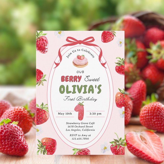 Berry Cute Bash Strawberry 1:a födelsedagsinbjudan Inbjudningar (Skapare uppladdad)