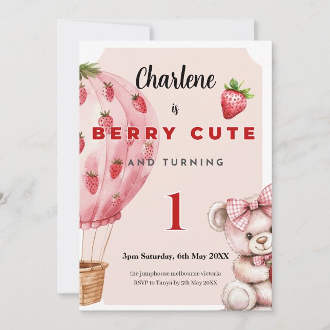 Berry Cute First Birthday Invitation • Strawberry  Kort (Framsida)