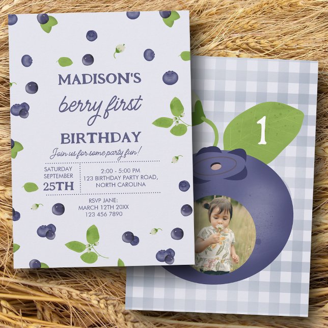 Berry First 1:a födelsedag blåbärsfoto Inbjudningar (Berry First 1st One Birthday Blueberry Photo Invitation)