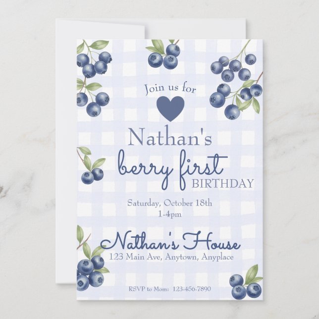 Berry First 1st Birthday Blueberry Gingham Inbjudningar (Framsida)