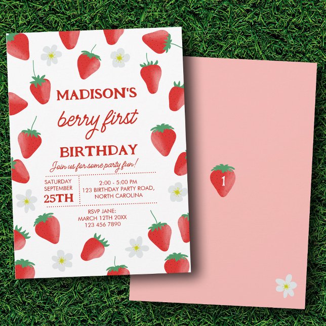 Berry First 1st Birthday Strawberry Turning One Inbjudningar (Berry First 1st Birthday Strawberry Turning One Invitation)