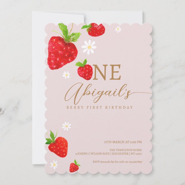 Berry First 1st Strawberry Birthday Inbjudningar (Framsida)