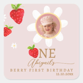 Berry First 1st Strawberry Birthday Photo Fyrkantigt Klistermärke