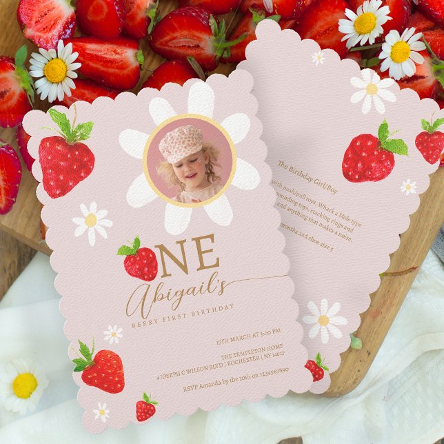 Berry First 1st Strawberry Birthday Photo Inbjudningar (Skapare uppladdad)