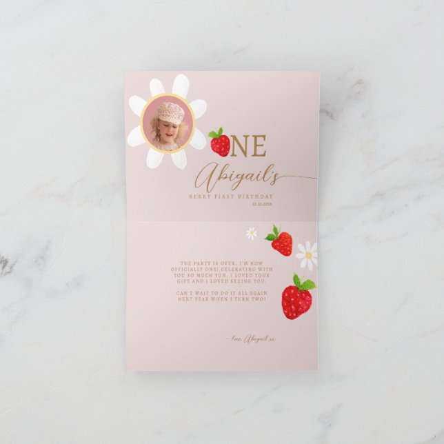 Berry First 1st Strawberry Birthday Photo Tack Kort (Inuti)