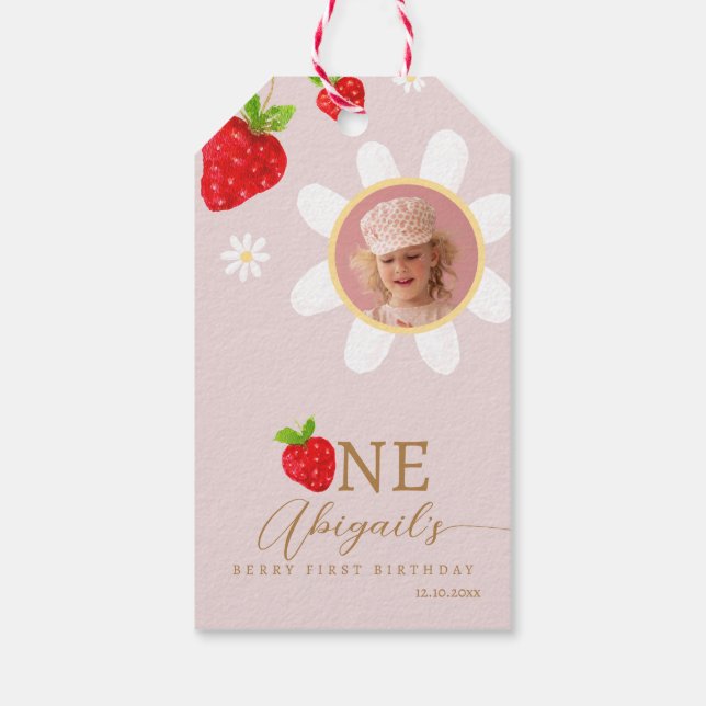Berry First 1st Strawberry Birthday Tack Photo Presentetikett (Baksidan)