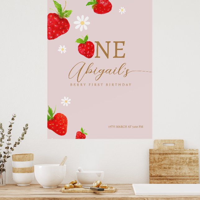 Berry First 1st Strawberry Birthday Välkommen Poster (Kök)