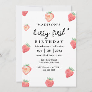 Berry First Birthday 1 Birthday Rosa Strawberry Inbjudningar