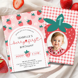 Berry First Birthday 1 Birthday Strawberry Photo Inbjudningar