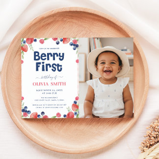 Berry First Birthday Baby Photo 1st Birthday Inbjudningar