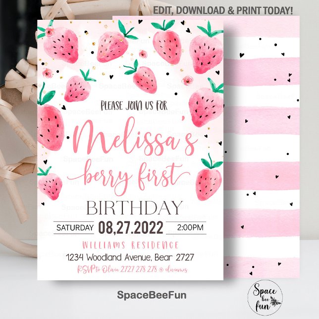 Berry First Birthday bjudande Jordberry Birthda Inbjudningar (Strawberry invite,First Birthday,Evite Electronic,Text Message,modern Berry,1st girl,Strawberry Part)