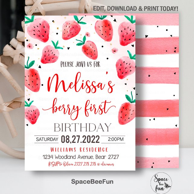 Berry First Birthday bjudande Jordberry Birthda Inbjudningar (Strawberry invite,First Birthday,Evite Electronic,Text Message,modern Berry,1st girl,Strawberry Part)
