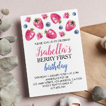 Berry First Birthday bjudande Jordberry Tema