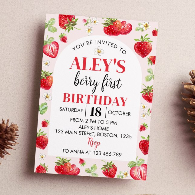 Berry First Birthday bjudande Jordberry Tema Inbjudningar (Skapare uppladdad)