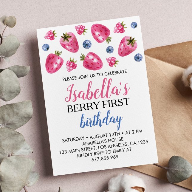 Berry First Birthday bjudande Jordberry Tema Inbjudningar (Skapare uppladdad)