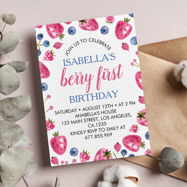 Berry First Birthday bjudande Jordberry Tema Inbjudningar (Skapare uppladdad)