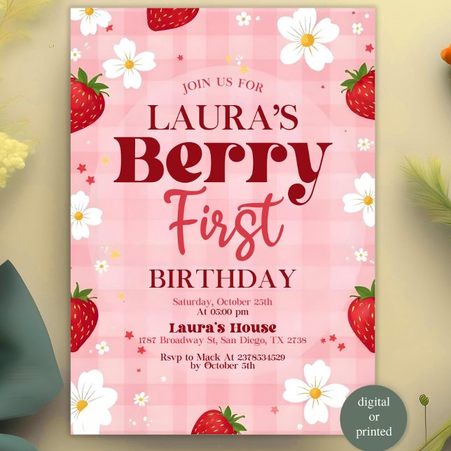 Berry First Birthday bjudande, redigerbar första f Inbjudningar (Skapare uppladdad)