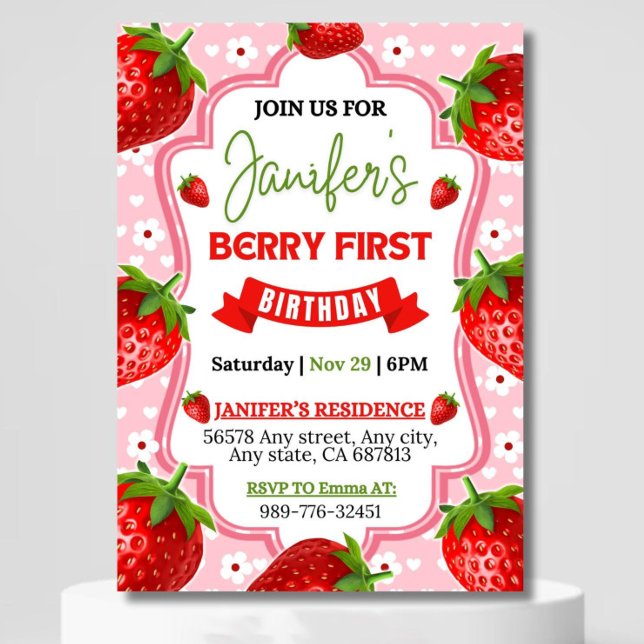 Berry First Birthday bjudande, redigerbar första f Inbjudningar (Skapare uppladdad)