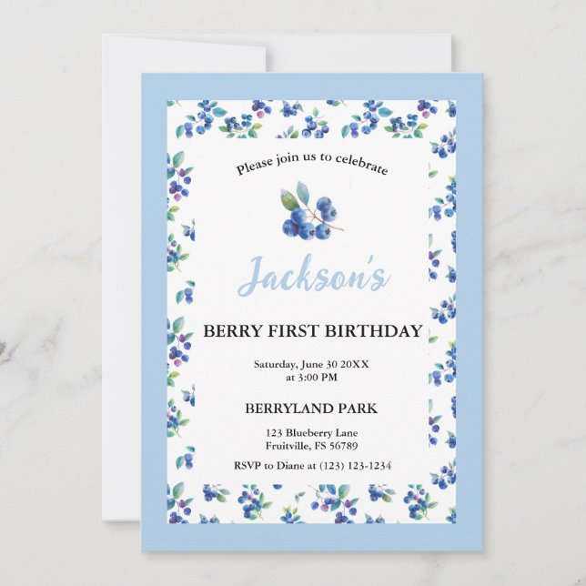 Berry First Birthday Blueberry Gingham Inbjudan (Framsida)