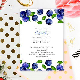Berry First Birthday Blueberry Watercolor Elegant Inbjudningar
