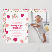Berry First Birthday Boho Rainbow Photo bjudatio