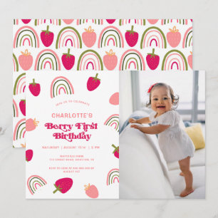 Berry First Birthday Boho Rainbow Photo bjudatio Inbjudningar