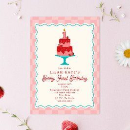 Berry First Birthday Checkerboard Strawberry Cake Inbjudningar