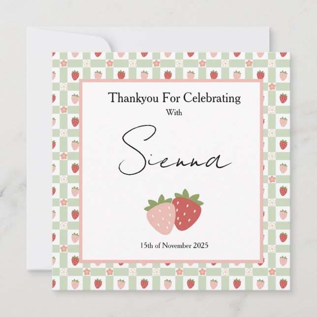 Berry First Birthday Customisable Gingham Print  Tack Kort (Framsida)