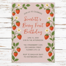 Berry First Birthday Cute Strawberry Blommigt Rosa