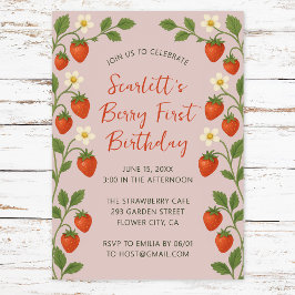 Berry First Birthday Cute Strawberry Blommigt Rosa Inbjudningar