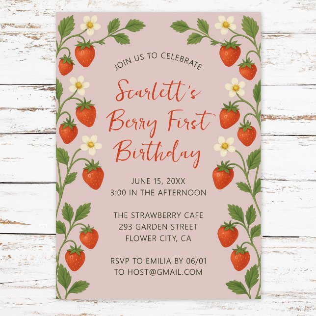 Berry First Birthday Cute Strawberry Blommigt Rosa Inbjudningar (Skapare uppladdad)