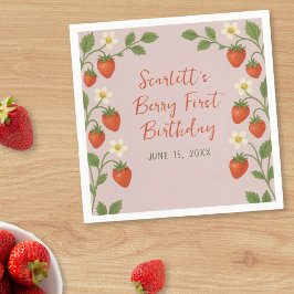 Berry First Birthday Cute Strawberry Blommigt Rosa Pappersservett