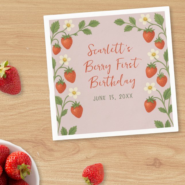 Berry First Birthday Cute Strawberry Blommigt Rosa Pappersservett (Skapare uppladdad)
