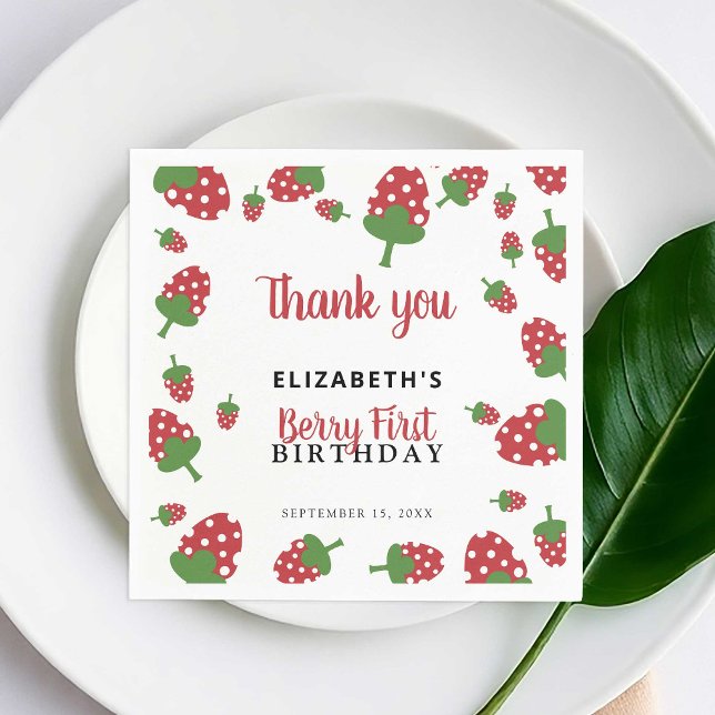 Berry First Birthday Cute Strawberry Girl Anpassni Pappersservett (Skapare uppladdad)