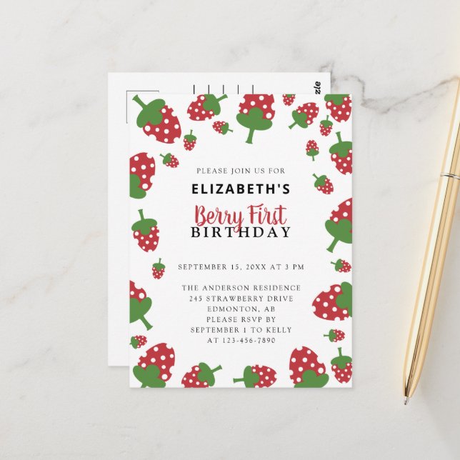 Berry First Birthday Cute Strawberry Kawaii Girl Vykort (Fram/Back In Situ)