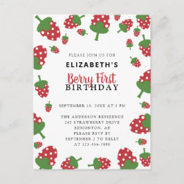 Berry First Birthday Cute Strawberry Kawaii Girl Vykort