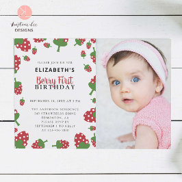 Berry First Birthday Cute Strawberry Photo Inbjudningar