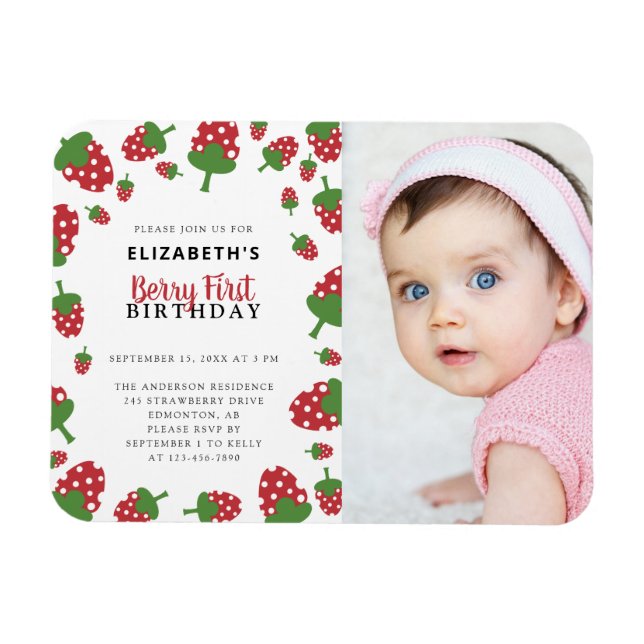 Berry First Birthday Cute Strawberry Photo Magnet (Horisontell)