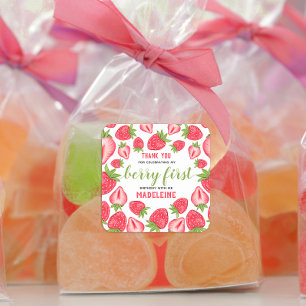 Berry First Birthday Cute Strawberry Tack Fyrkantigt Klistermärke
