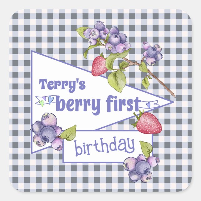 Berry First Birthday Fyrkantigt Klistermärke (Framsida)