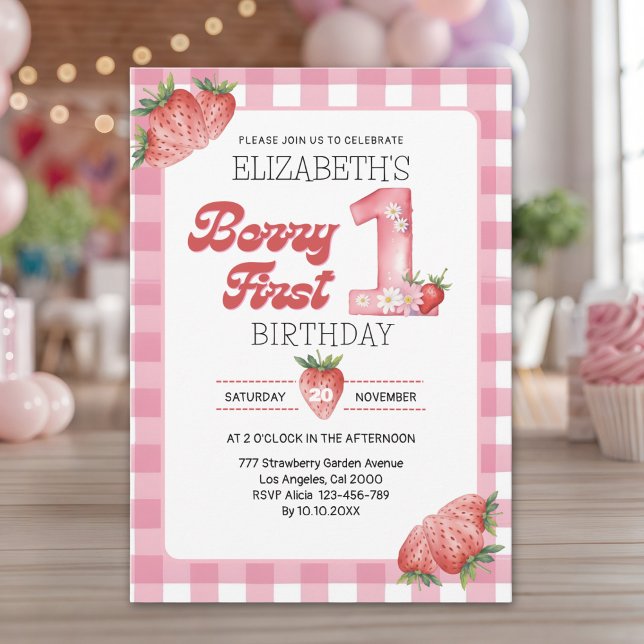 "Berry First Birthday Girl with Strawberry Theme Inbjudningar (Skapare uppladdad)