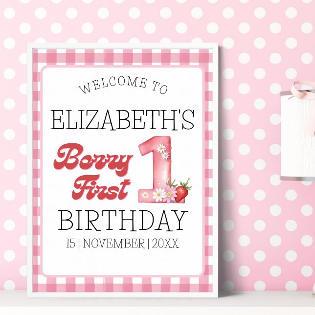"Berry First Birthday Girl with Strawberry Theme Poster (Skapare uppladdad)