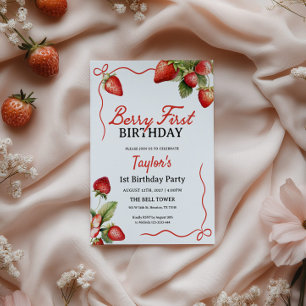 Berry First Birthday-inbjudan Jordgubbar 1 Inbjudningar