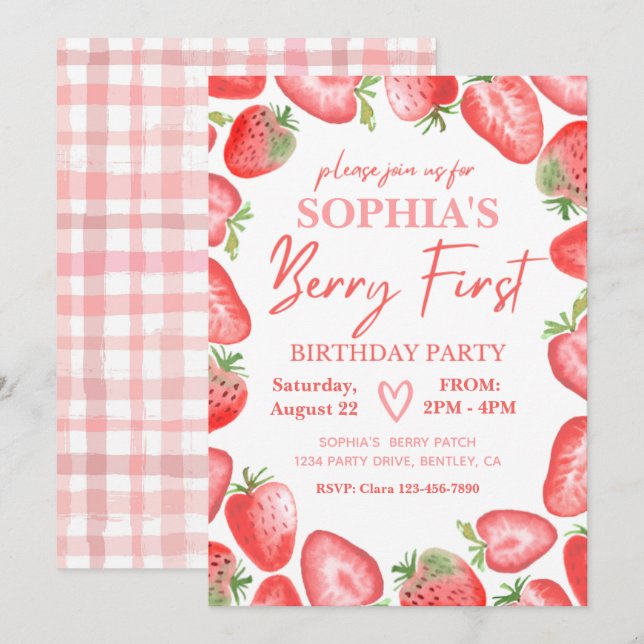 Berry First Birthday-inbjudan | Jordgubbar Inbjudningar (Fram/baksida)